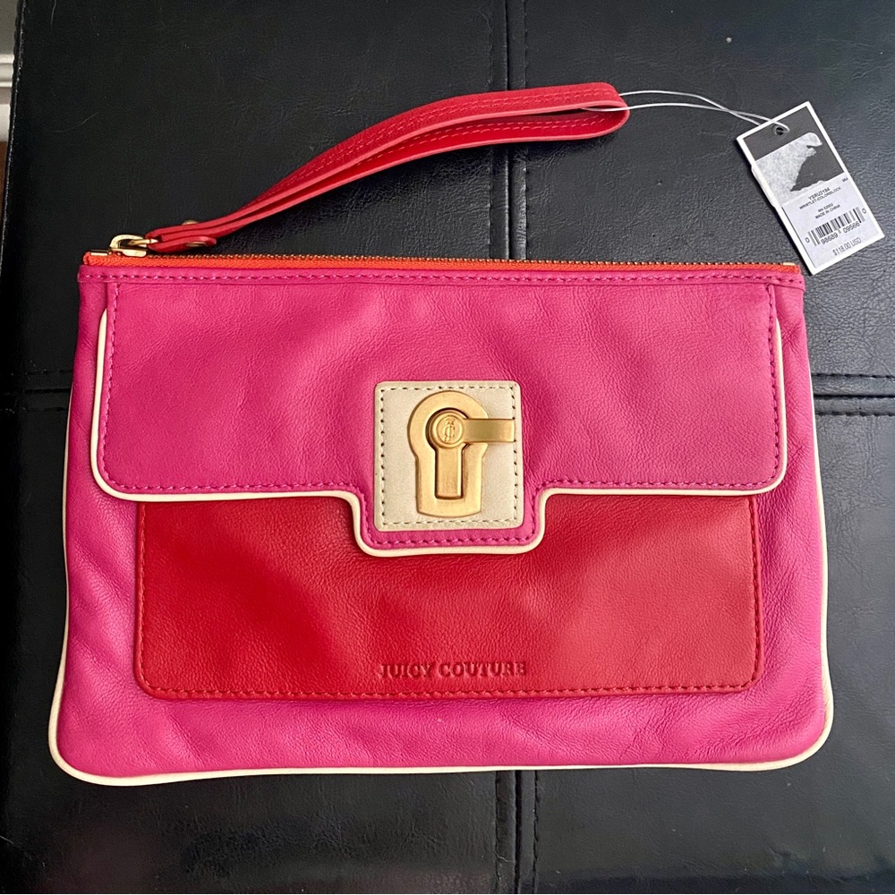Y2K Juicy Couture Fuchsia Pink Red Cream Colorblock Leather Zip Wristlet